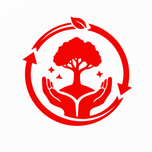 Icon mit einem Baum, der von zwei schützenden Händen hoch gehalten wird und einem in sich geschlossenen Kreislauf darum als Zeichen der Nachhaltigen Baumpflege.