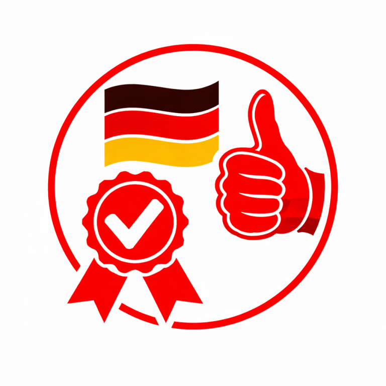 Icon mit deutscher Fahne, einer Auszeichnungsbrosche und einer Daumenhochhand als Zeichen von echter deutscher Qualitätsarbeit.